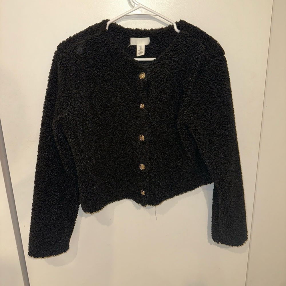 H&M Teddy Black Fuzzy Jacket Crop